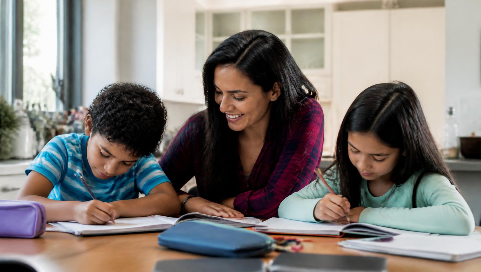 A mother helping her two children with homework