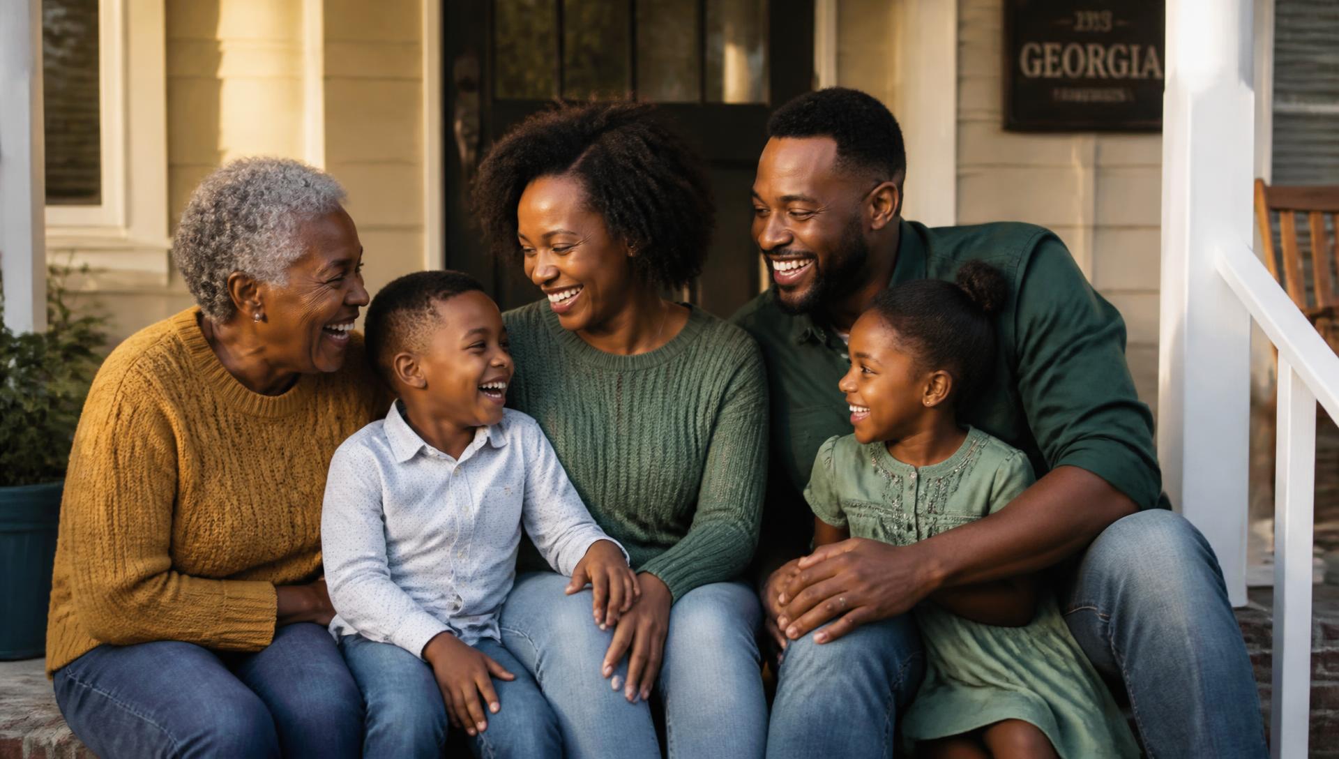 A multigenerational Georgia family laughing together on their porch